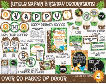 May include: Jungle safari themed birthday party decorations for a first birthday. The decorations include a banner that says "Happy Birthday Declan", cupcake toppers, food labels, a high chair banner, favor tags, water bottle wraps, and more. The color scheme is green, brown, and orange.