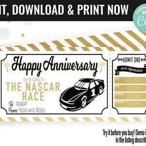 Anniversary Surprise Nascar Race Ticket Gift Voucher, Nascar Race Trip Printable Template Gift Card, Editable Instant Download Gift Certific