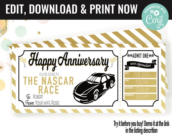Anniversary Surprise Nascar Race Ticket Gift Voucher, Nascar Race Trip Printable Template Gift Card, Editable Instant Download Gift Certific Il_570xn
