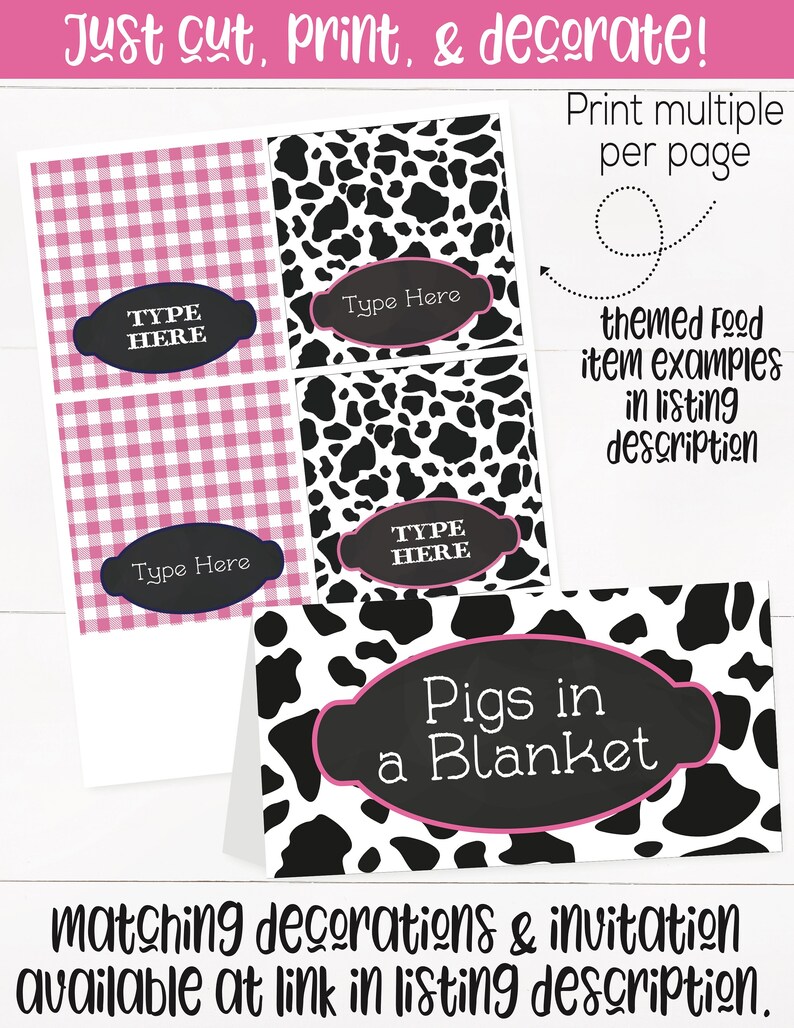 May include: Printable food labels with a cow print design. The labels have a pink and black color scheme and say "Type Here" and "Pigs in a Blanket".