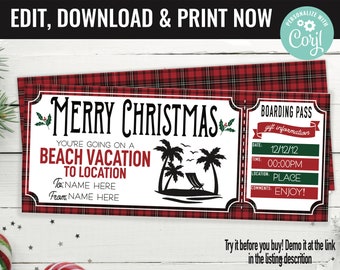 Beach Trip Ticket Surprise Gift Voucher, Beach Surprise Trip Printable Template Gift Card, Editable Instant Download Gift, Christmas Gift