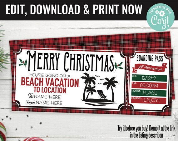 Beach Trip Ticket Surprise Gift Voucher, Beach Surprise Trip Printable Template Gift Card, Editable Instant Download Gift, Christmas Gift Il_570xn