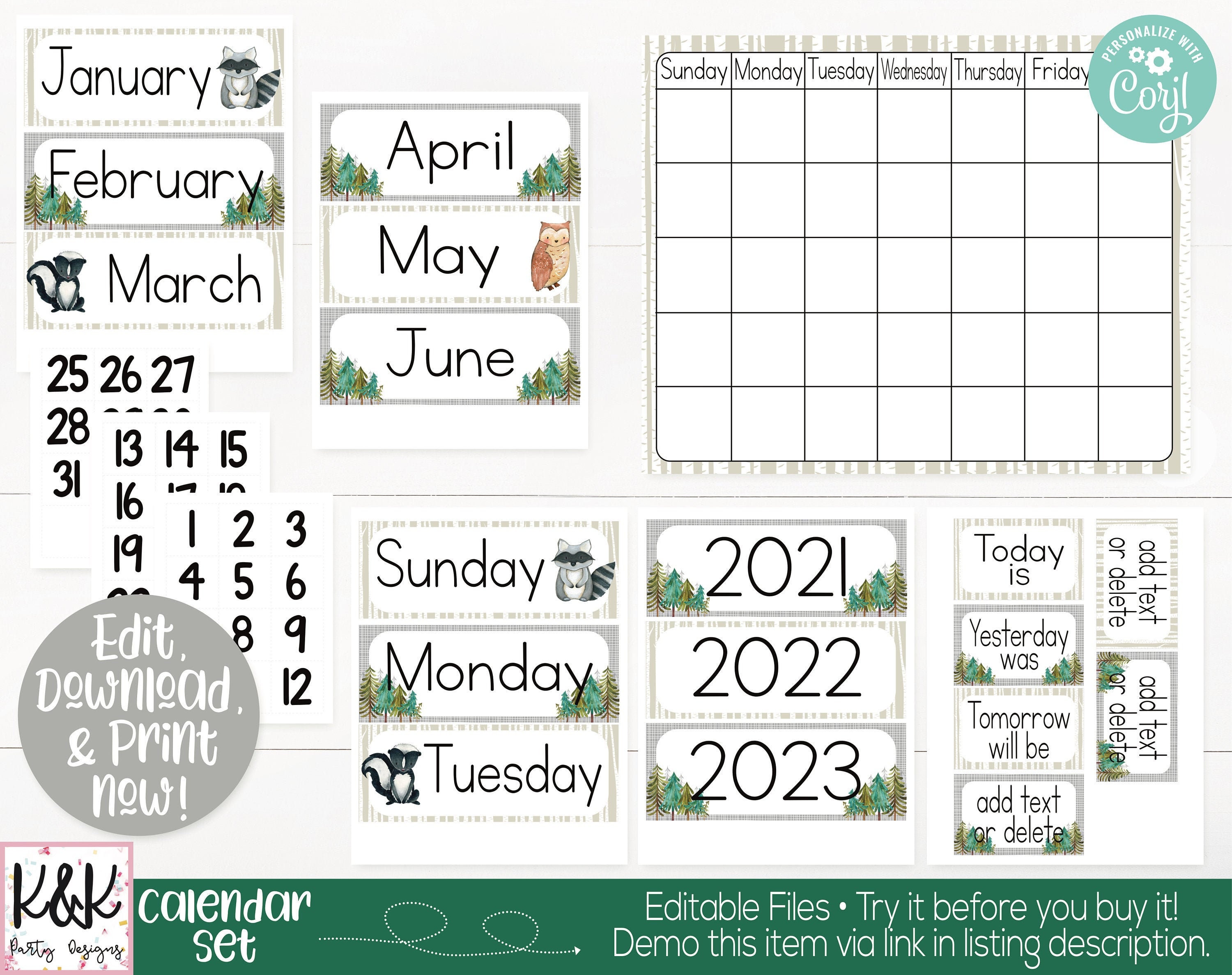 Woodland Classroom Calendar Set Printable Woodland Forest Etsy