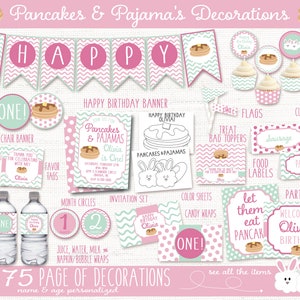 Pancakes and Pajamas Birthday Party Decorations, Invitation, Pajama Party, Brunch Birthday Party Decor, Girls 1st Birthday, First Birthday,