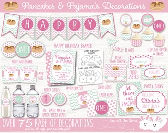 May include: A set of printable party decorations for a child's first birthday with a pancake and pajama theme. The decorations include a banner, cupcake toppers, food labels, party signs, and more. The decorations are pink, green, and white with a polka dot and chevron pattern.