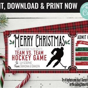 Christmas Hockey Ticket Surprise Gift Voucher, Hockey Game Surprise Printable Template Gift Card, Editable Instant Download Certificate