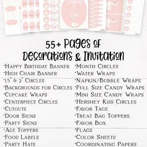 May include: A printable party package for a swan-themed birthday party. The package includes 55+ pages of decorations and an invitation. The image shows a sample of the designs, including circles, banners, cupcake wraps, and more. The text "Daylin is One" is featured on one of the designs.