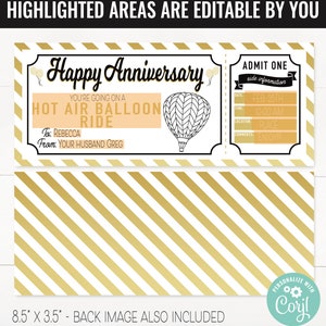K&ouml;nnte beinhalten: Ein druckbares Ticket f&uuml;r eine Fahrt im Hei&szlig;luftballon mit dem Text "Happy Anniversary" und "You're going on a hot air balloon ride". Das Ticket ist mit einer Hei&szlig;luftballon-Illustration und einem gold-wei&szlig; gestreiften Hintergrund verziert. Das Ticket ist 8,5 Zoll mal 3,5 Zoll gro&szlig;.