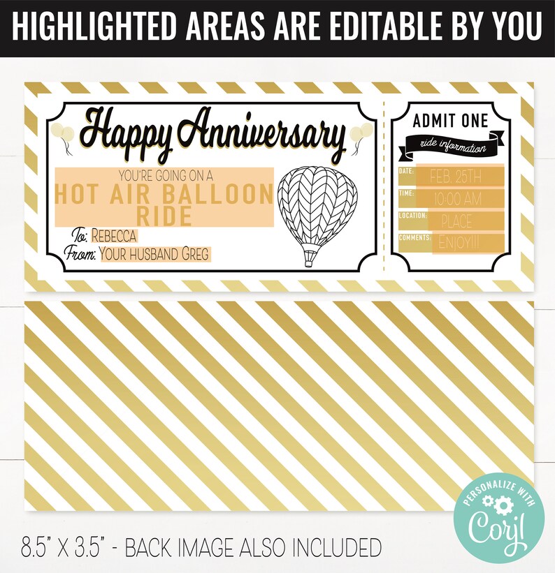 K&ouml;nnte beinhalten: Ein druckbares Ticket f&uuml;r eine Fahrt im Hei&szlig;luftballon mit dem Text "Happy Anniversary" und "You're going on a hot air balloon ride". Das Ticket ist mit einer Hei&szlig;luftballon-Illustration und einem gold-wei&szlig; gestreiften Hintergrund verziert. Das Ticket ist 8,5 Zoll mal 3,5 Zoll gro&szlig;.