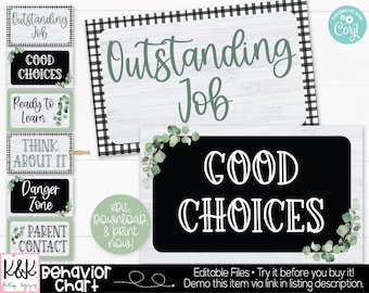 Peut inclure: Tableau de comportement en classe noir et blanc avec des feuilles vertes. Le tableau comprend des panneaux qui disent "Excellent travail", "Bons choix", "Prêt à apprendre", "Réfléchissez-y", "Zone de danger" et "Contact des parents".