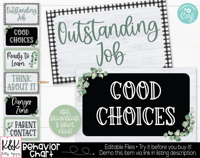 May include: Black and white classroom behavior chart with green leaves. The chart includes signs that say "Outstanding Job", "Good Choices", "Ready to Learn", "Think About It", "Danger Zone", and "Parent Contact".