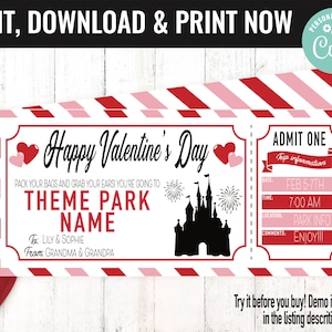 Valentine's Day Surprise Theme Park Ticket Gift Voucher, Amusement Park Printable Template Gift Card, Editable Instant Download Certificate