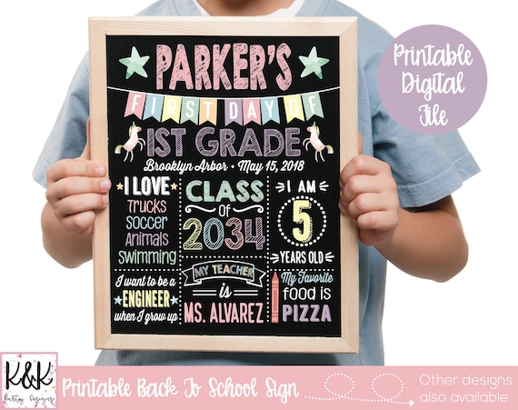 First Day of School Sign, Back to School Sign, 1st Day of School Sign, Printable School Sign, School Chalkboard Sign, Unicorn, Girl 1st Day Il_570xn