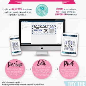 May include: A pink and blue graphic showing how to personalise and print digital designs using the Corjl online tool. The graphic shows a computer screen, a tablet, and a smartphone, each displaying a different stage of the process. The text "Happy Hanukkah" is visible on the computer screen.
