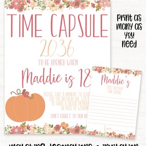Op de afbeelding: Printbare tijdcapsule voor een 12e verjaardag. Het ontwerp bevat een pompoen, bloemen en de tekst "Time Capsule 2036 To Be Opened When Maddie is 18".
