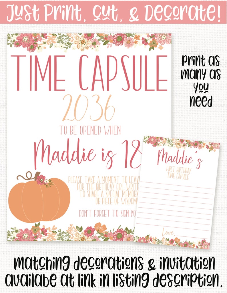 Op de afbeelding: Printbare tijdcapsule voor een 12e verjaardag. Het ontwerp bevat een pompoen, bloemen en de tekst "Time Capsule 2036 To Be Opened When Maddie is 18".