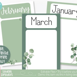 Calm Botanical Farmhouse Theme Classroom Birthday Display Printable, Teacher Supply, Printable Teacher Classroom Decoration, Birthday Board