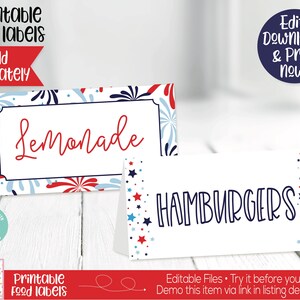 May include: Two printable food labels with a red, white, and blue firework pattern. The first label says "Lemonade" and the second label says "Hamburgers".