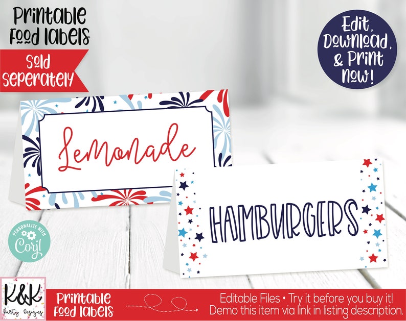 May include: Two printable food labels with a red, white, and blue firework pattern. The first label says "Lemonade" and the second label says "Hamburgers".
