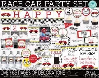 May include: A printable party set for a race car themed birthday party. The set includes a banner, cupcake toppers, food labels, water bottle labels, and more. The set is decorated with red, black, and white checkered flags, race cars, and the words "Happy Birthday Camden".