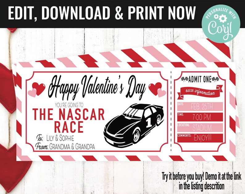 Op de afbeelding: Een printbaar Valentijnsdagticket met een rode en roze gestreepte achtergrond. Het ticket zegt "Happy Valentine's Day" en "You're going to the NASCAR Race". Het ticket is voor Lily & Sophie van Oma & Opa. Het ticket bevat ook een zwart-witte illustratie van een raceauto.