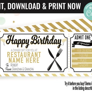 Birthday Surprise Restaurant Gift Voucher, Restaurant Dinner Date Printable Template Gift Card, Editable Instant Download Gift Certificate