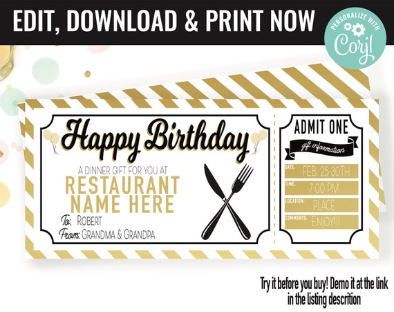 Birthday Surprise Restaurant Gift Voucher, Restaurant Dinner Date Printable Template Gift Card, Editable Instant Download Gift Certificate Il_570xn