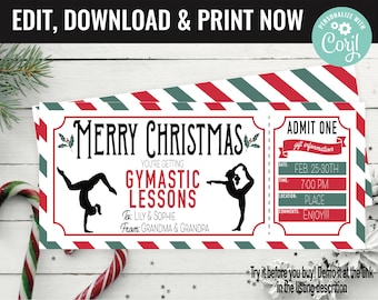 Christmas Surprise Gymnastics Lessons Gift Voucher, Gymnastics Gift Printable Template Gift Card, Editable Instant Download Gift Certificate