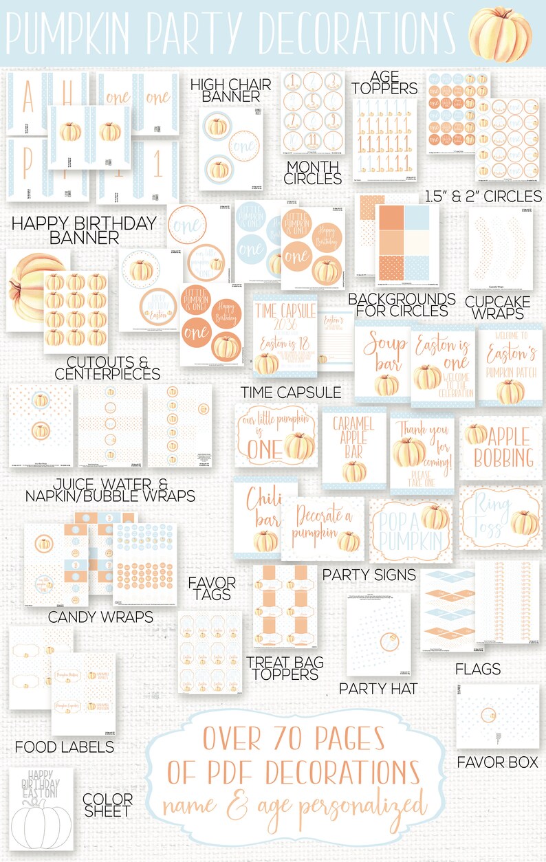 May include: A printable set of pumpkin party decorations for a first birthday. The set includes over 70 pages of PDF decorations, including banners, cupcake wrappers, treat bag toppers, party signs, and more. The decorations feature a watercolor pumpkin design in orange, yellow, and white.