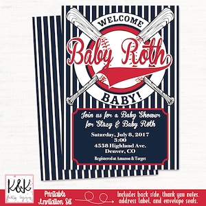 May include: A blue and white striped baseball-themed baby shower invitation with the text "Welcome Baby Roth" in red and white. The invitation includes the date, time, and location of the shower, as well as the registry information.