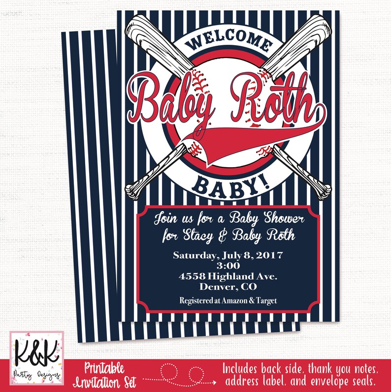 May include: A blue and white striped baseball-themed baby shower invitation with the text "Welcome Baby Roth" in red and white. The invitation includes the date, time, and location of the shower, as well as the registry information.