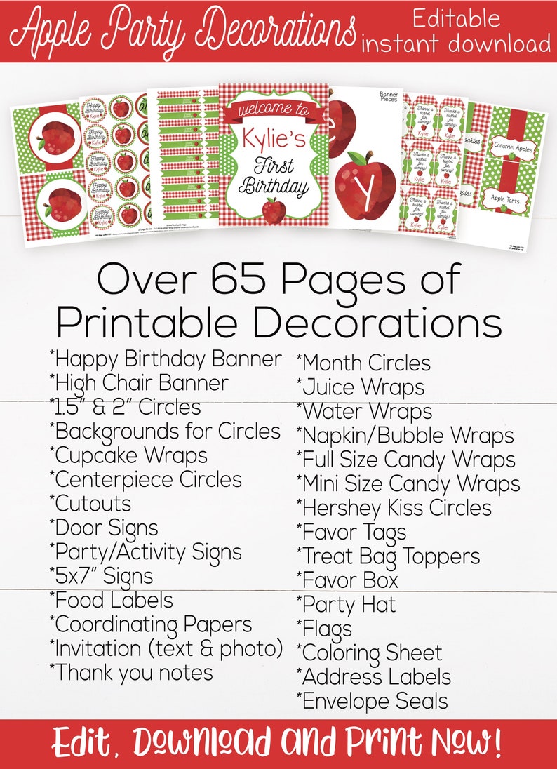 Apple Birthday Party Decorations and Invitation, Apple of my eye, Orchard, Girls First Birthday, 1st Birthday, Editable Instant Download image 3
