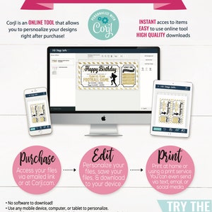 May include: A digital design template displayed on a computer, smartphone, and tablet. The design features a gold and black football game ticket with the text "Happy Birthday" and "Team vs. Team Football Game." The image includes the text "How It Works" and instructions for purchase, edit, and print.