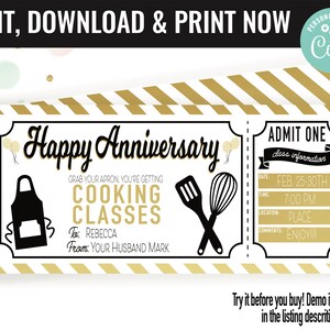 Anniversary Surprise Cooking Lessons Gift Voucher, Cooking Lessons Printable Template Gift Card, Editable Instant Download Gift Certificate