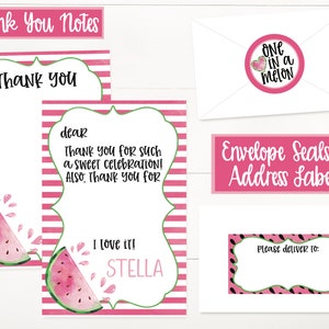 May include: Two pink and white striped thank you cards with watermelon illustrations. The text on the cards reads "Thank you" and "dear Thank you for such a sweet celebration! Also, thank you for I love it! STELLA".
