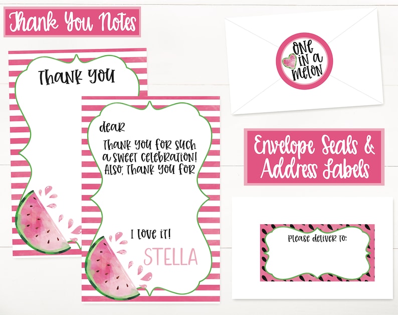 May include: Two pink and white striped thank you cards with watermelon illustrations. The text on the cards reads "Thank you" and "dear Thank you for such a sweet celebration! Also, thank you for I love it! STELLA".