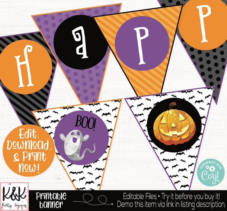 May include: Printable Halloween banner with purple, orange, and black triangle flags. The flags feature the words "Happy", "Boo!" and a ghost, and a jack-o'-lantern.  The banner is decorated with bats and polka dots.