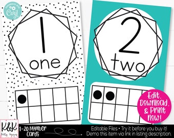 Bright Neon Colors Theme Classroom 1-20 Number Cards Printable, Teacher Supply for Math Center, Printable Teacher Classroom Decoration