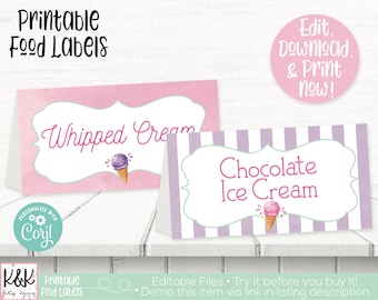 May include: Printable food labels for ice cream toppings. The labels are pink and purple with white stripes and feature a cartoon ice cream cone with whipped cream and chocolate ice cream.