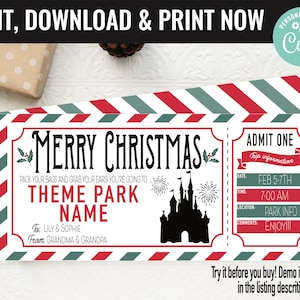 Christmas Surprise Theme Park Ticket Gift Voucher, Amusement Park Printable Template Gift Card, Editable Instant Download Certificate