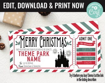 May include: A printable Christmas ticket with a red, white, and green striped background. The ticket says "Merry Christmas" and "Theme Park Name". It also has a silhouette of a castle with fireworks. The ticket says "Admit One" and has a section for trip information with the date, time, location, and comments.