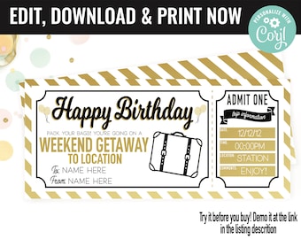 Weekend Surprise Weekend Getaway Gift Voucher, Weekend Getaway Trip Printable Template Gift Card, Editable Instant Download Gift Certifica