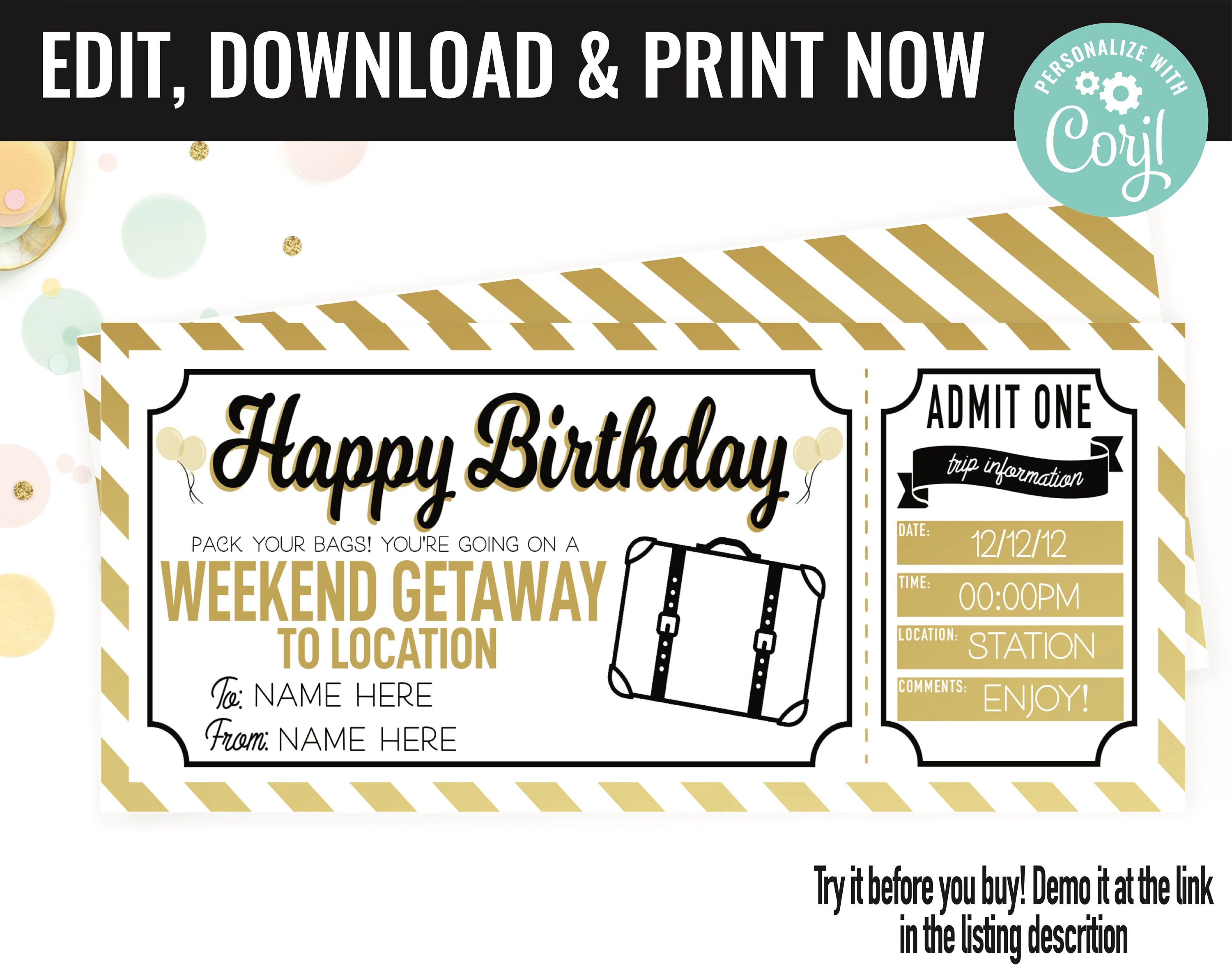 Weekend Away Voucher Template Gift Certificate Ticket Card Printable 