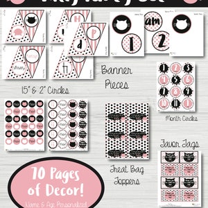 Op de afbeelding: Printbare feestversiering met een roze en zwart katten thema. Inclusief banners, cirkels, traktatiezakjes en bedankkaartjes. 10 pagina's decoratie! Naam en leeftijd gepersonaliseerd.