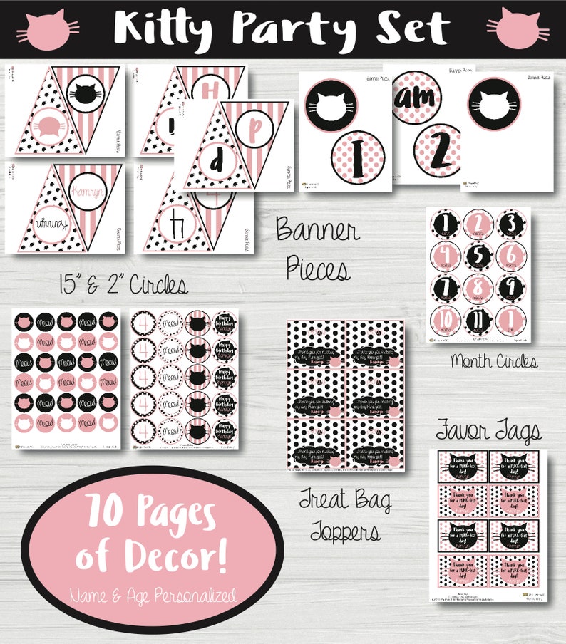 Op de afbeelding: Printbare feestversiering met een roze en zwart katten thema. Inclusief banners, cirkels, traktatiezakjes en bedankkaartjes. 10 pagina's decoratie! Naam en leeftijd gepersonaliseerd.