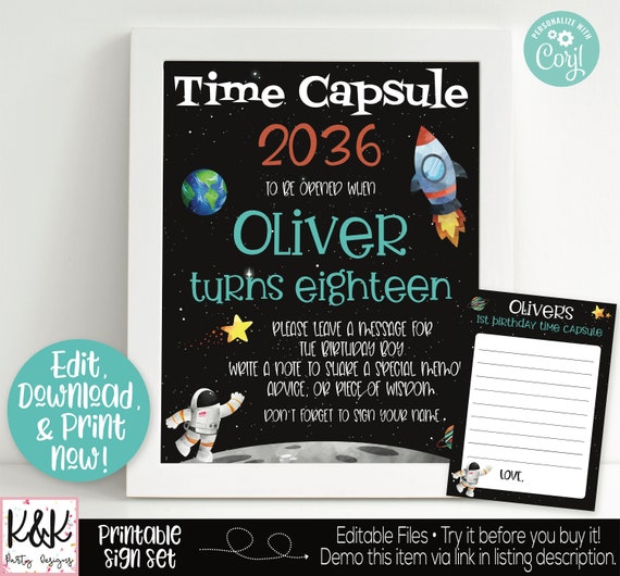 Outer Space Birthday Time Capsule Sign, 1st Birthday Capsule, Space Time Capsule, Outer Space Birthday Party Decorations, Space Printable Il_570xn