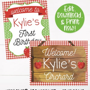 Op de afbeelding: Twee printbare borden voor een eerste verjaardag. Het eerste bord is rood-wit geruit met groene stippen en zegt "Welkom bij Kylie's eerste verjaardag". Het tweede bord is een houten bord met rode appels en zegt "Welkom! Kylie's Orchard".