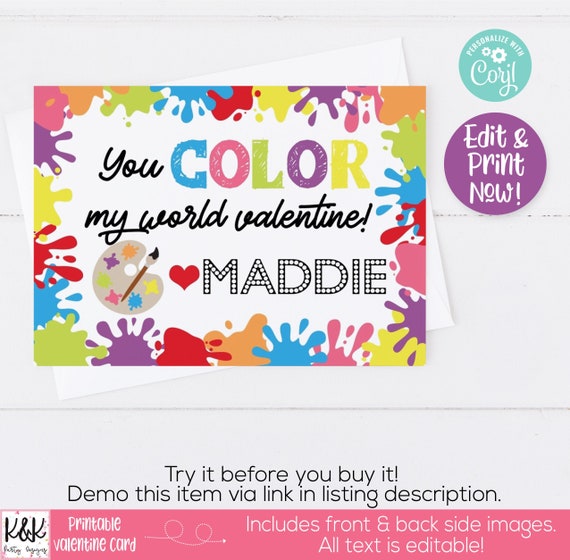 Art Printable Valentine Card Kids Valentines Day Care You Color My World Valentine School Valentine Exchange Class Valentine Party Card By K K Party Designs Catch My Party