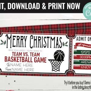 Christmas Basketball Ticket Surprise Gift Voucher, Basketball Game Surprise Printable Gift Card Editable Instant Download Certificate