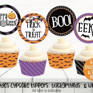 Peut inclure: Toppers, fonds et emballages de cupcakes d'Halloween imprimables. Les toppers pr&eacute;sentent des pois noirs et blancs, des chauves-souris orange et noires et des rayures violettes et blanches. Le texte sur les toppers comprend "Happy Halloween", "Trick or Treat", "Boo!" et "Eek!"